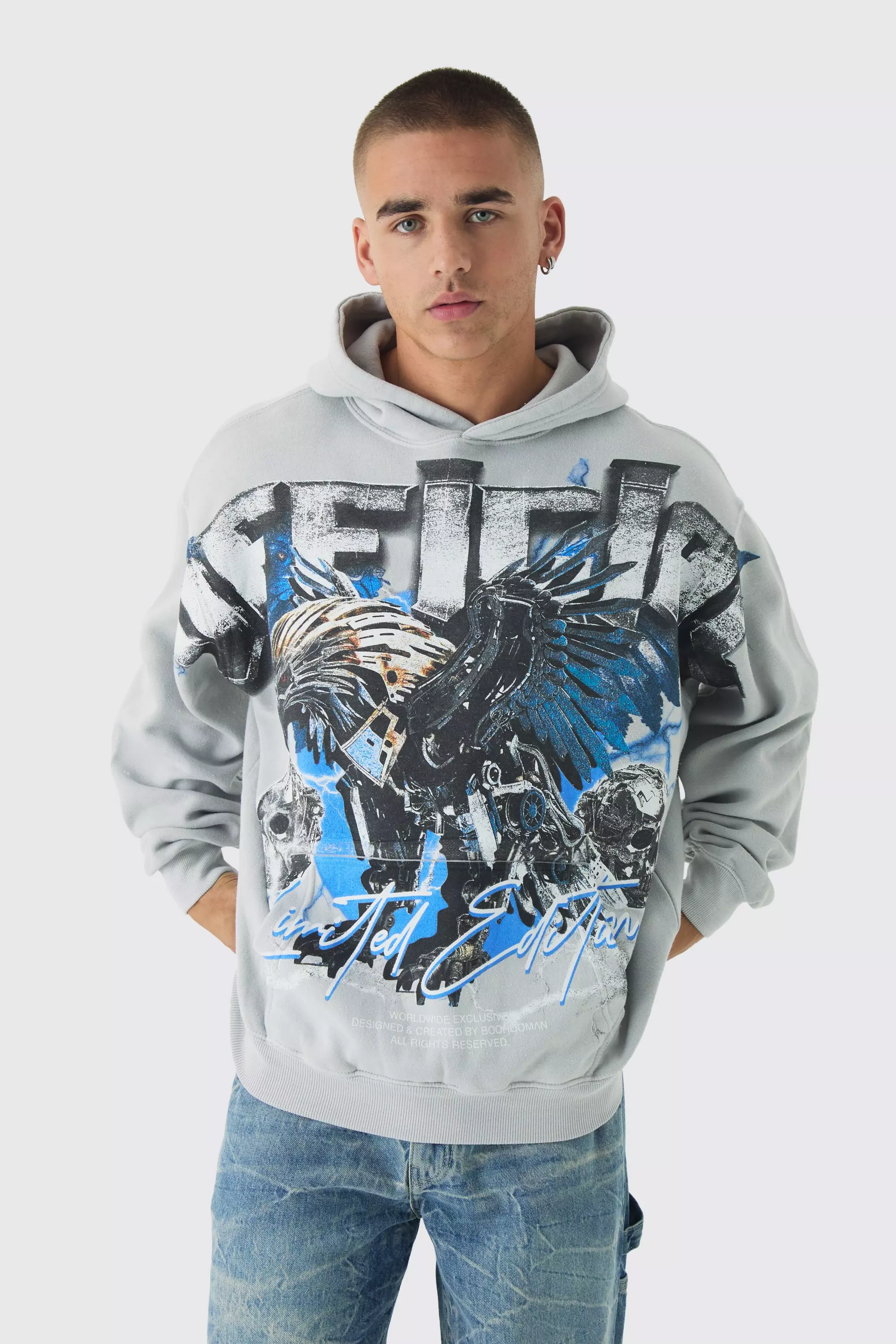 Oversized Wash Over The Seams Official Graphic Hoodie boohooMAN USA